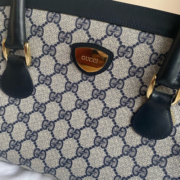 Vintage GUCCI Navy Blue Leather GG Satchel Tote - Picture 6 of 16